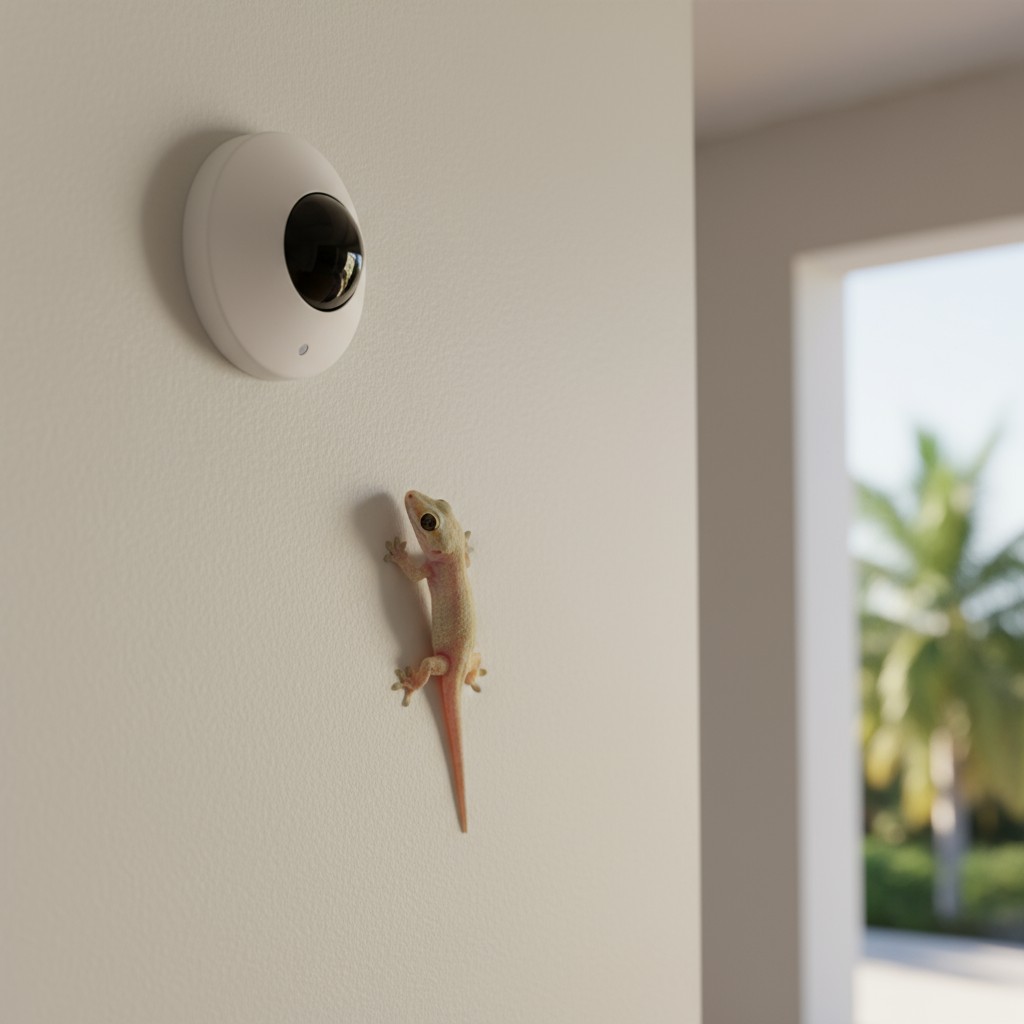 Um pequeno gecko agarrado a uma parede de cor clara perto de um sensor de movimento branco, ilustrando como a vida selvagem pode acionar alarmes.