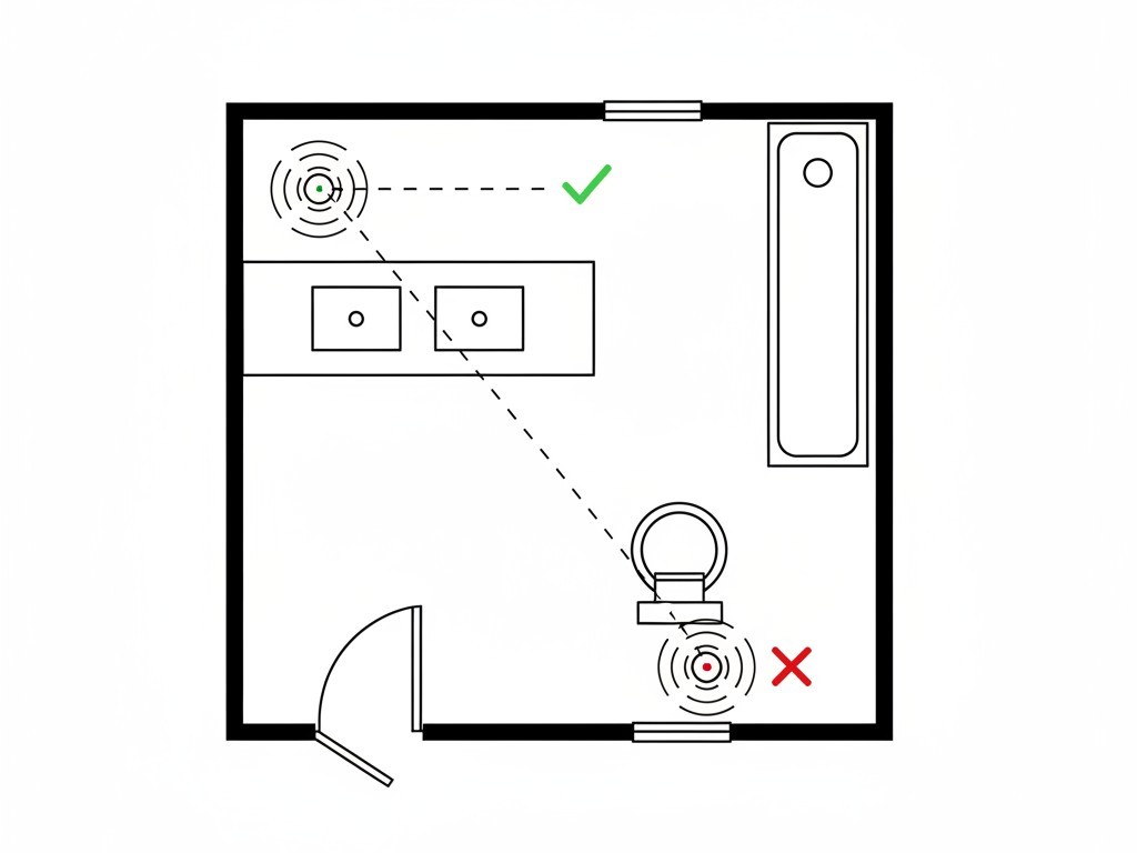 Posicionamento ideal versus ruim de sensores de movimento em um banheiro Um diagrama de visão superior contrasta o posicionamento correto do sensor com uma linha de visão clara contra o posicionamento incorreto, como atrás de uma porta.