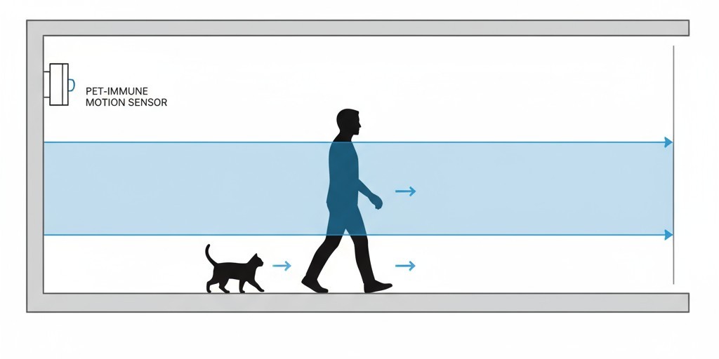 Um diagrama de um corredor com um sensor de movimento em uma extremidade, criando uma longa zona de detecção na qual uma pessoa entra, mas um gato no chão fica abaixo.