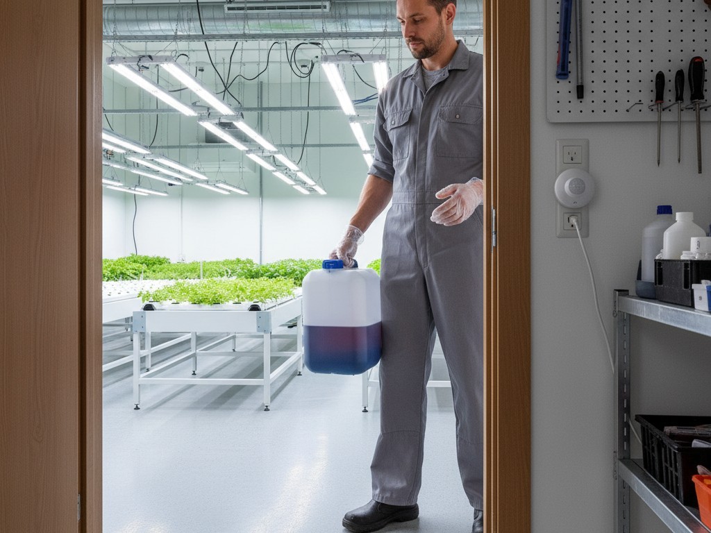Uma pessoa com mãos molhadas e usando luvas carrega um recipiente para dentro de uma sala de cultivo enquanto as luzes de utilidade do teto ligam-se automaticamente.