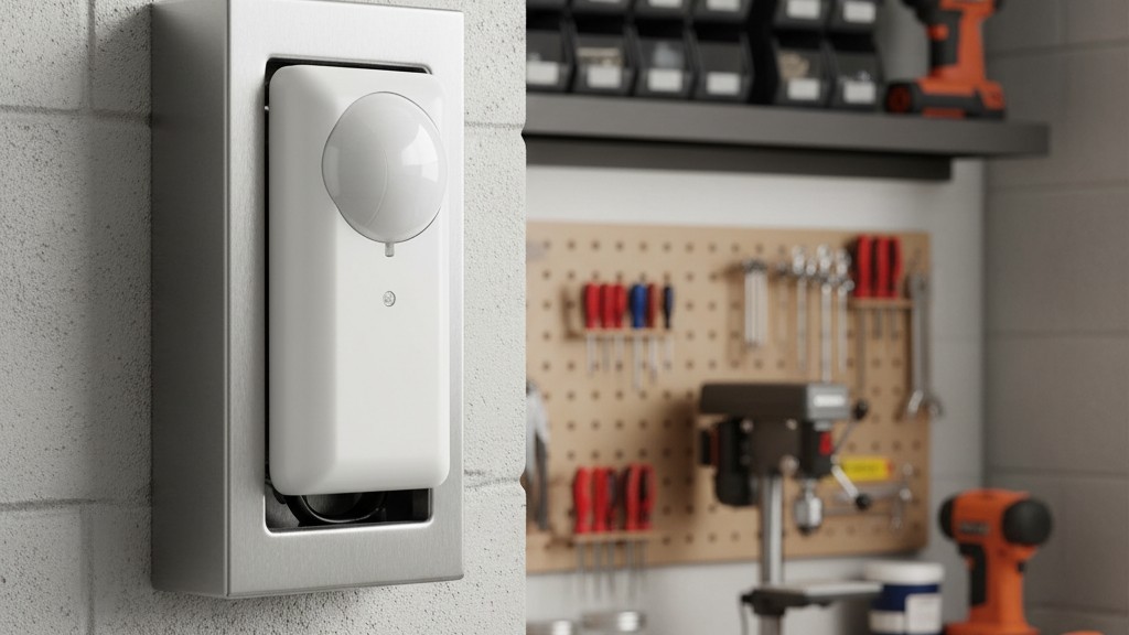Um interruptor de sensor de presença branco de nível comercial com uma grande lente PIR está instalado em uma caixa elétrica de metal na parede acima de uma bancada de trabalho limpa.