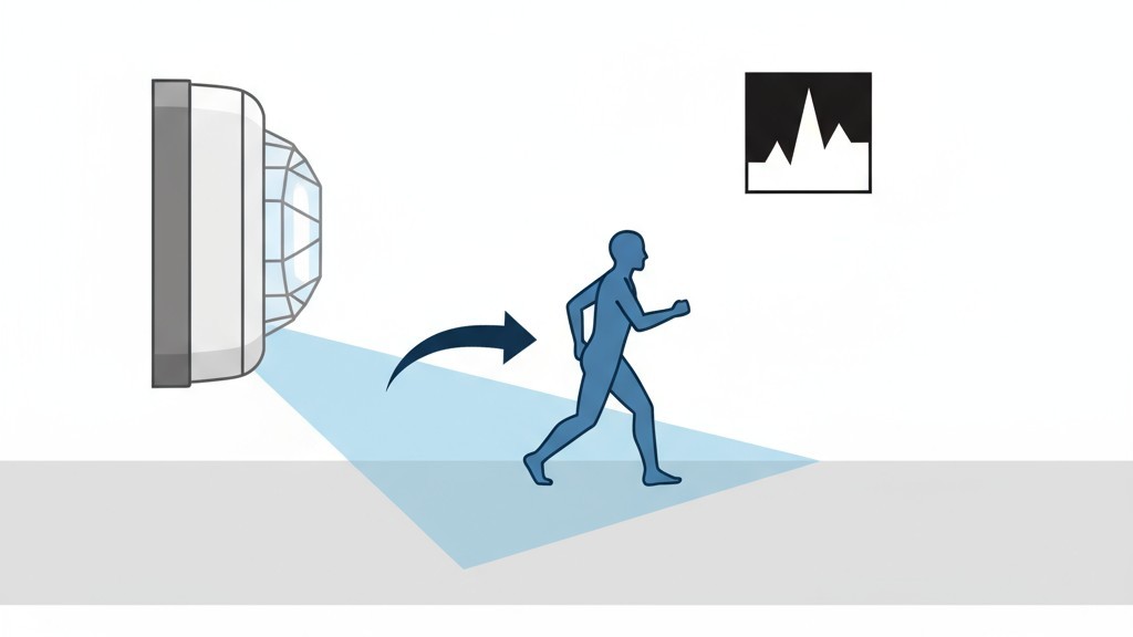 Diagrama mostrando as zonas de detecção de um sensor PIR e como um corpo quente em movimento entre elas cria um sinal.