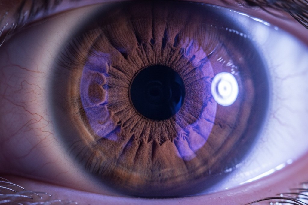 Uma fotografia macro detalhada de um olho humano. Um suave brilho violeta-azulado de uma fonte UV invisível é refletido na superfície da córnea.