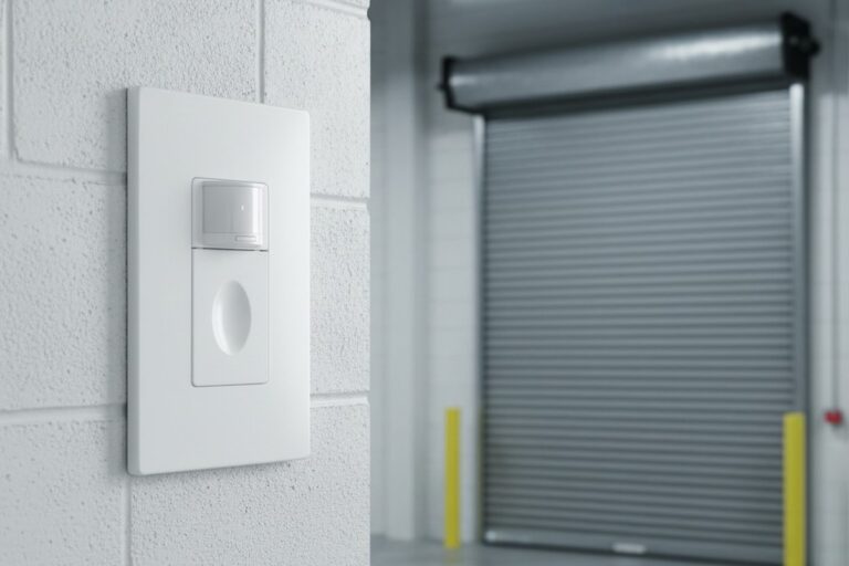 Um sensor de movimento branco está instalado em uma parede de blocos de cinder dentro de um depósito, apontado diretamente para uma grande porta de doca de carga de metal ondulado fechada ao fundo.