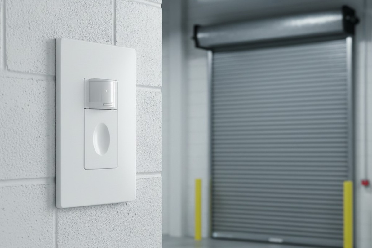 Um sensor de movimento branco está instalado em uma parede de blocos de cinder dentro de um depósito, apontado diretamente para uma grande porta de doca de carga de metal ondulado fechada ao fundo.