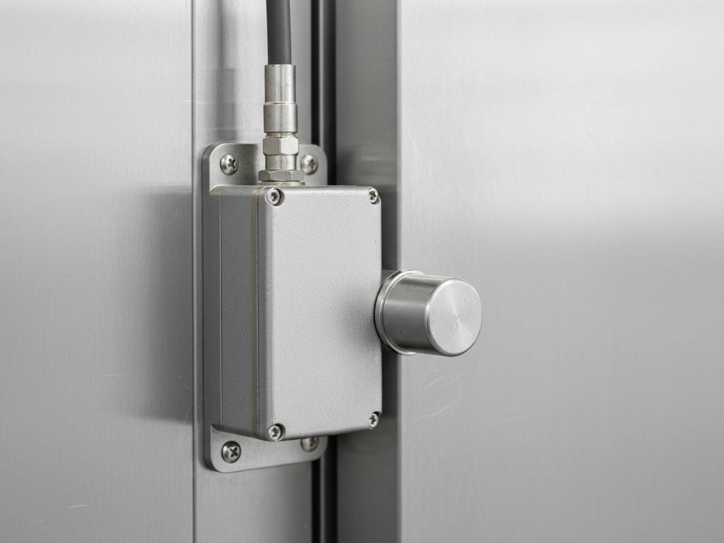 Um interruptor de contato magnético de alta resistência está montado na estrutura de metal da porta de um freezer walk-in comercial. Uma parte está na porta, a outra no quadro.