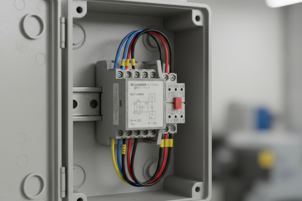 Um relé de controle industrial fechado, também conhecido como 'Relay in a Box', montado na parede com fios de baixa e alta voltagem conectados corretamente.
