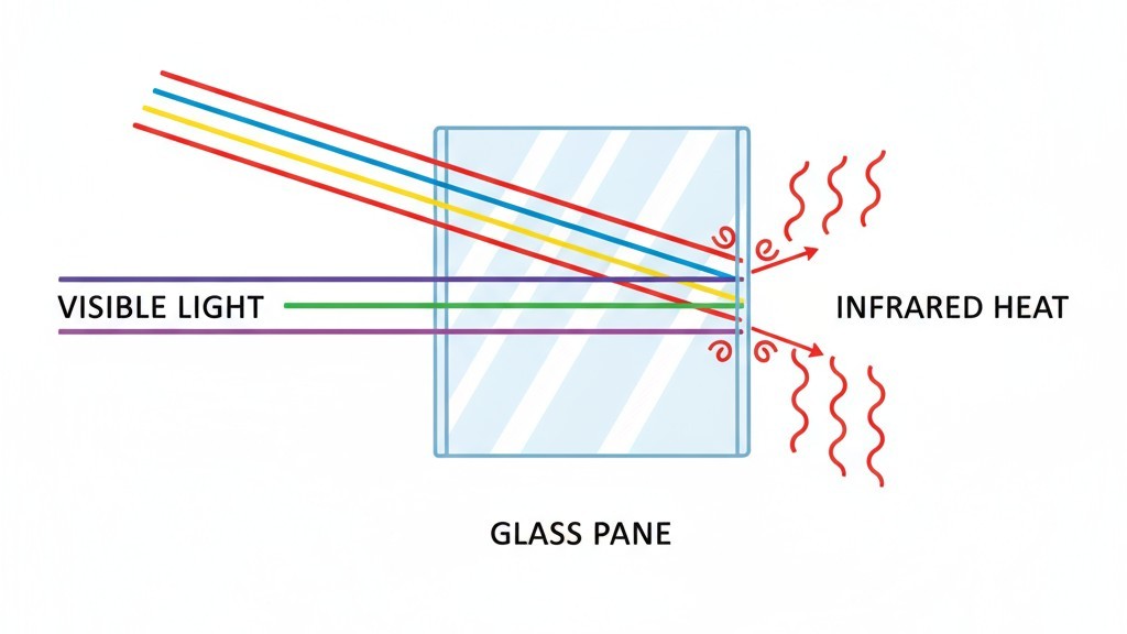 Um diagrama ilustrando que a luz visível passa por uma janela de vidro, enquanto a luz infravermelha de uma pessoa é bloqueada.