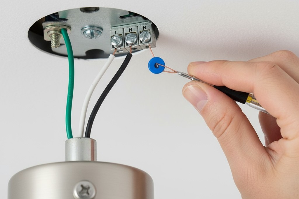 Um close-up de um capacitor de desacoplamento sendo conectado em paralelo com um fixture de luz para resolver problemas de cintilação de LED.