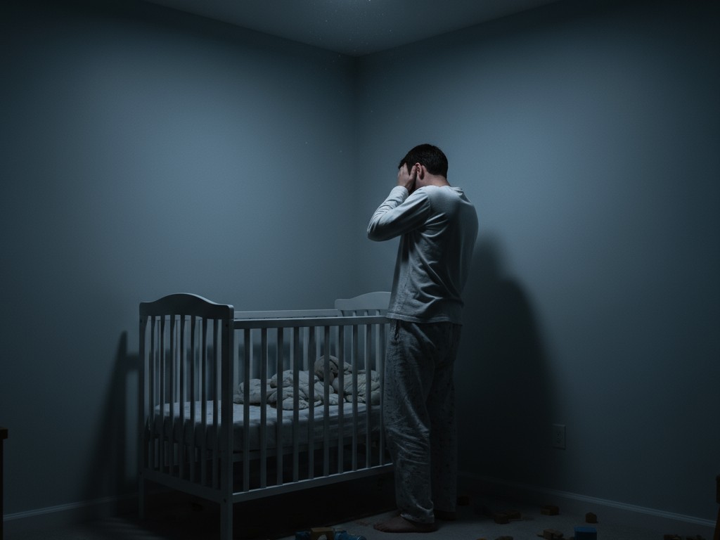 Um berçário escuro de repente é inundado com uma luz forte e brilhante do teto, mostrando um pai ou mãe forçando os olhos ao lado de um berço.