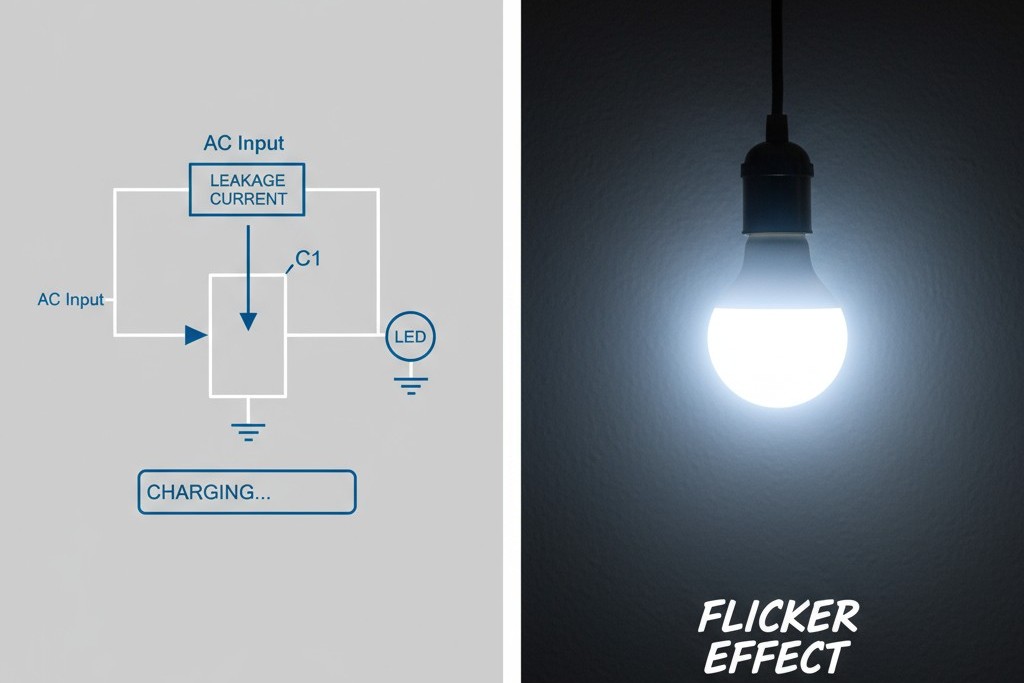 Um diagrama explicando como a corrente de fuga carrega o capacitor de um driver de LED, causando o piscar da lâmpada.