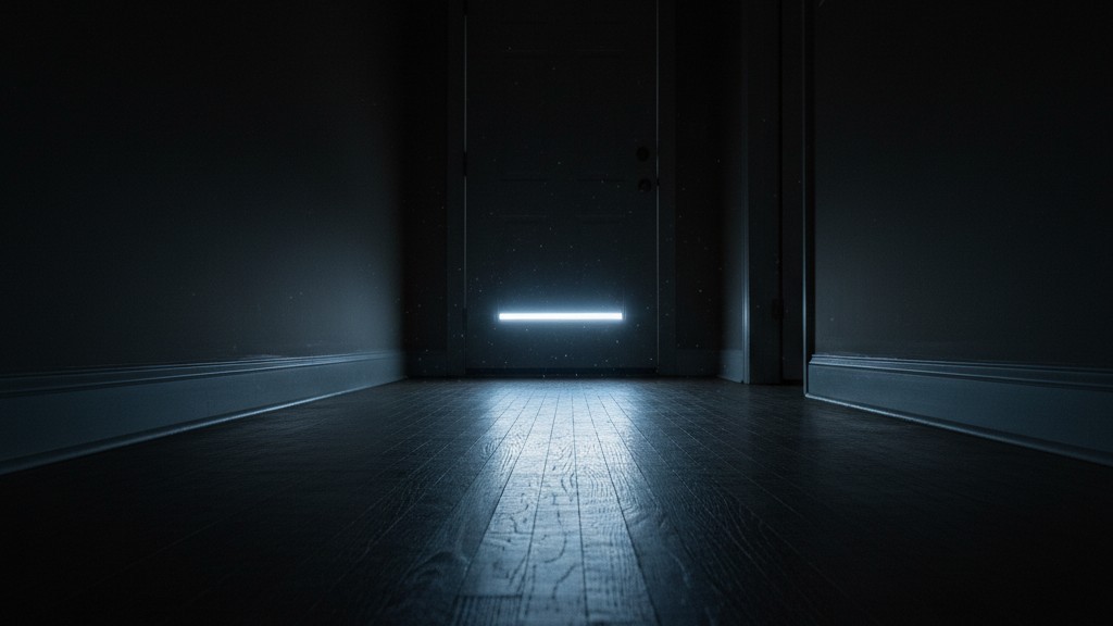 Um lampejo de luz fria e intensa brilha na brecha sob uma porta fechada, iluminando o chão de um corredor escuro.