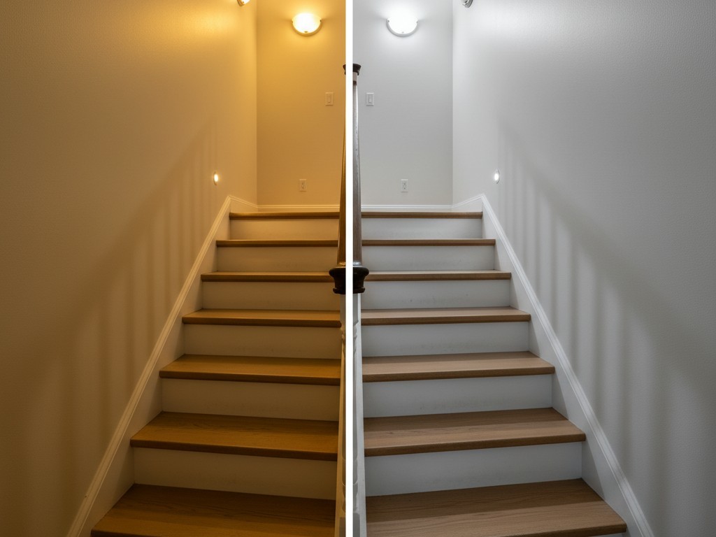 Iluminação do Escadário: Comparação entre 2700K e 4000K Uma imagem dividida mostra a mesma escada. Do lado esquerdo, há luz amarelada uniforme e fraca, enquanto o lado direito está brilhante com luz branca limpa, oferecendo melhor visibilidade.