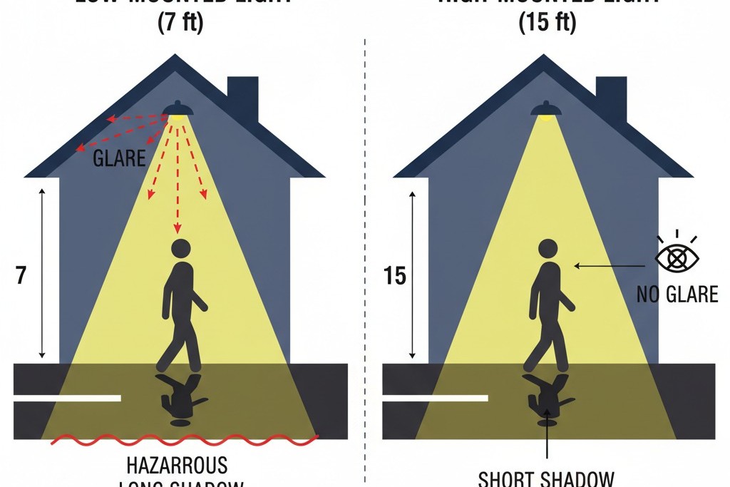 Um diagrama contrastando uma luz de montagem baixa que cria sombras longas com uma luz de montagem elevada que lança luz para baixo, criando sombras curtas.