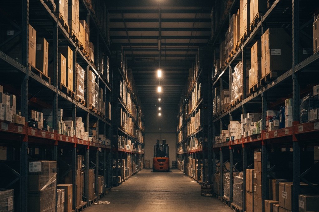 Um corredor longo e alto de armazém com prateleiras industriais, onde as luzes suspensas estão acesas apenas parcialmente, criando zonas escuras e perigosas ao longe.