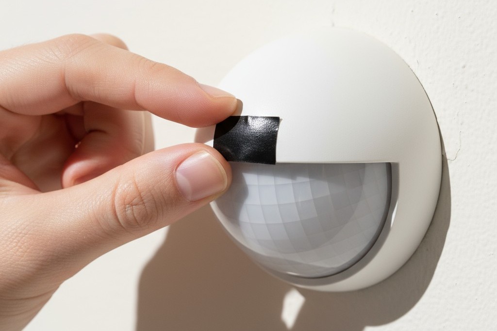 Foto em close-up de um dedo aplicando um pequeno pedaço de fita preta em uma face da lente branca e dome de um sensor de movimento.