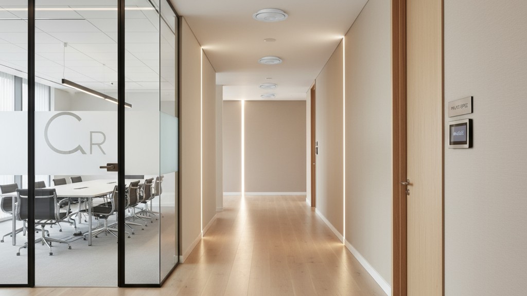 Corredor de um Escritório Moderno com Sensores de Teto Um corredor limpo e bem iluminado em um edifício de escritórios contemporâneo, com várias portas e sensores de movimento circulares discretos montados no teto.