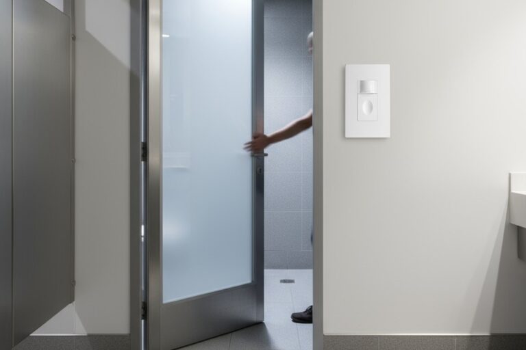 A mão de uma pessoa abre uma porta de banheiro, e um sensor de movimento na parede adjacente ativou a luz superior, iluminando a sala com azulejos.