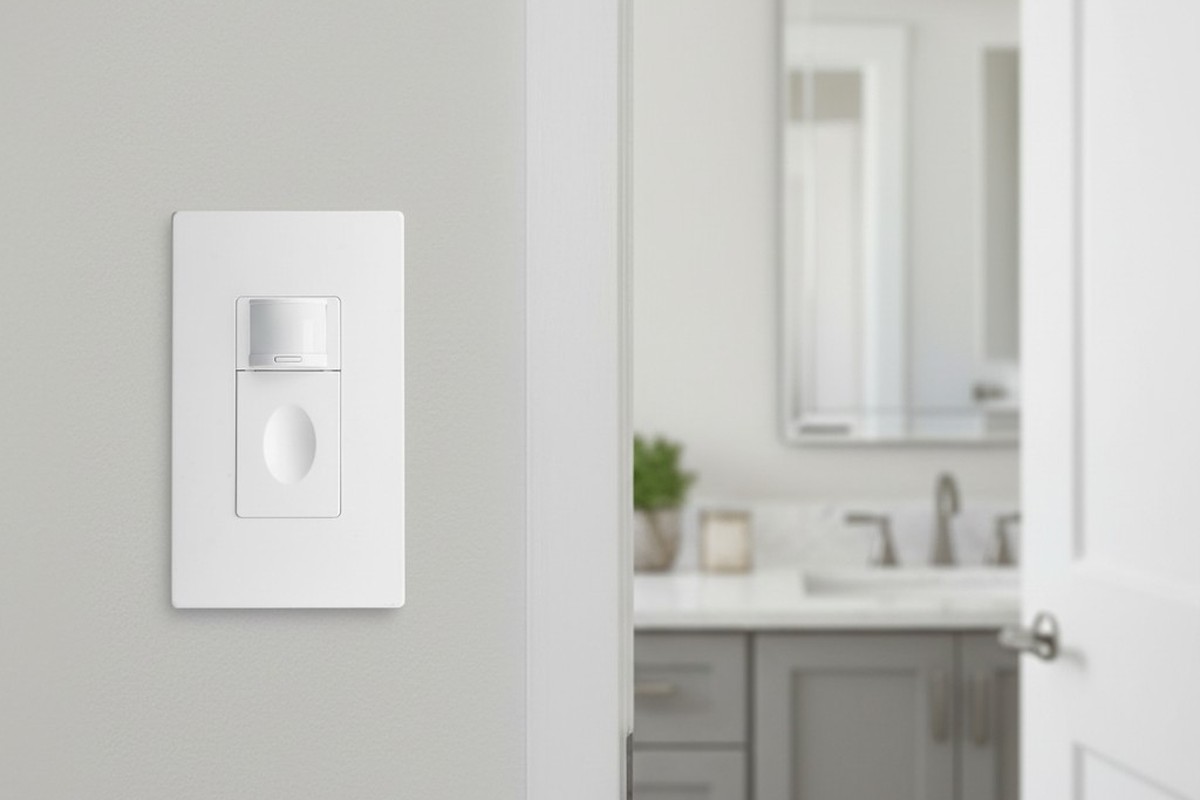 Um interruptor de luz de sensor de movimento em branco está instalado em uma parede cinza claro ao lado de uma moldura de porta, com uma bancada de banheiro e espelho suavemente focados ao fundo.
