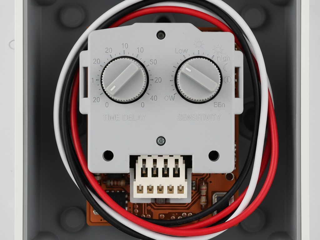Um close-up de um interruptor com sensor de movimento com a placa removida, mostrando pequenos dialers de ajuste para atraso de tempo e sensibilidade.