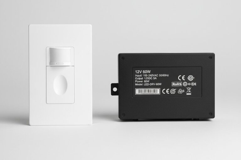 Um interruptor de sensor de movimento branco e uma fonte de alimentação LED retangular preta estão colocados lado a lado em um fundo cinza claro em uma foto de produto em estúdio.
