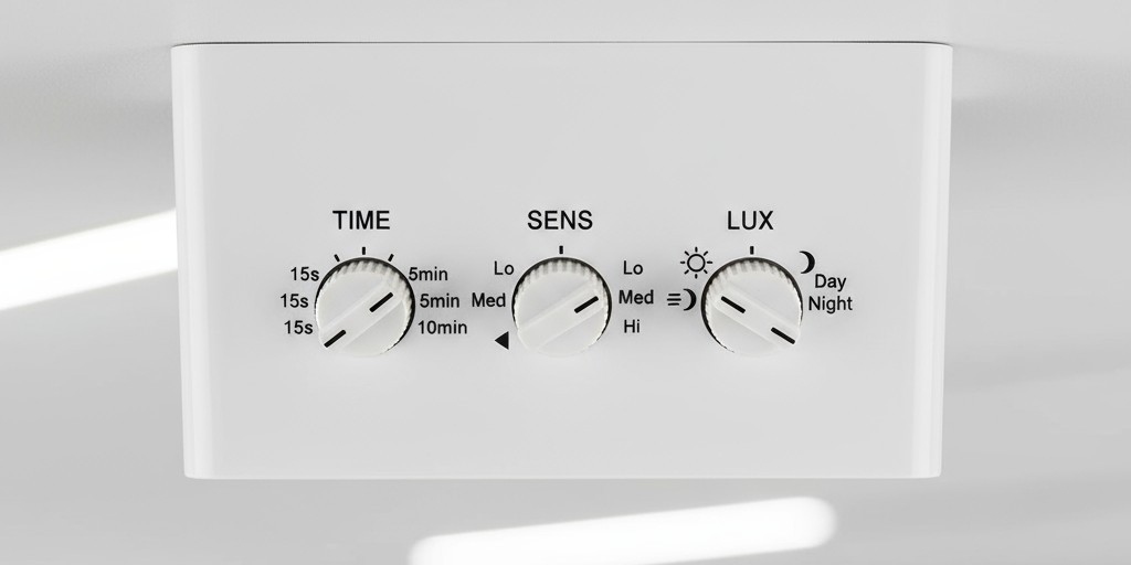 Close-up dos dials de ajuste de um sensor de movimento, mostrando configurações de tempo limite, sensibilidade e nível de lux.