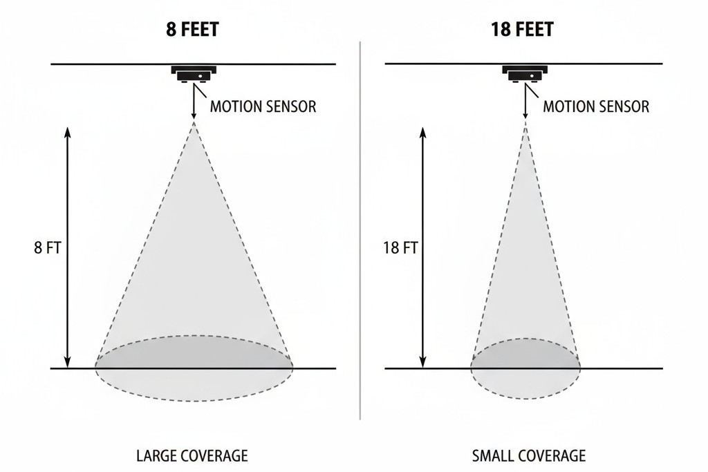 Cobertura do sensor de movimento em diferentes alturas de teto Diagrama comparando a cobertura do sensor de movimento no chão de um teto de 2,4 metros versus um teto de 5,5 metros, mostrando cobertura significativamente reduzida na altura maior.