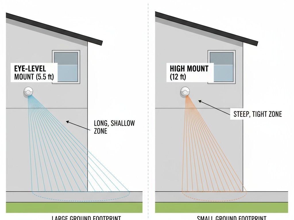 Um diagrama comparando a pegada de detecção longa de um sensor montado baixo com a pegada apertada e focada de um sensor montado alto.