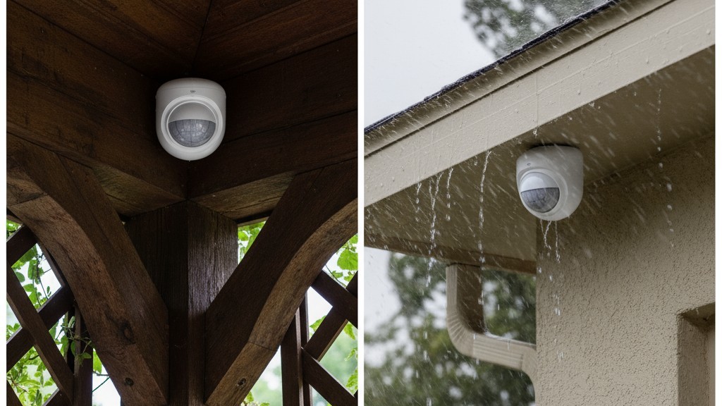 Comparação de Localizações de Sensores Cobertos versus Expostos Uma imagem dividida mostrando um sensor de movimento protegido sob uma varanda profunda de um lado, e outro exposto à chuva sob uma calha rasa do outro.