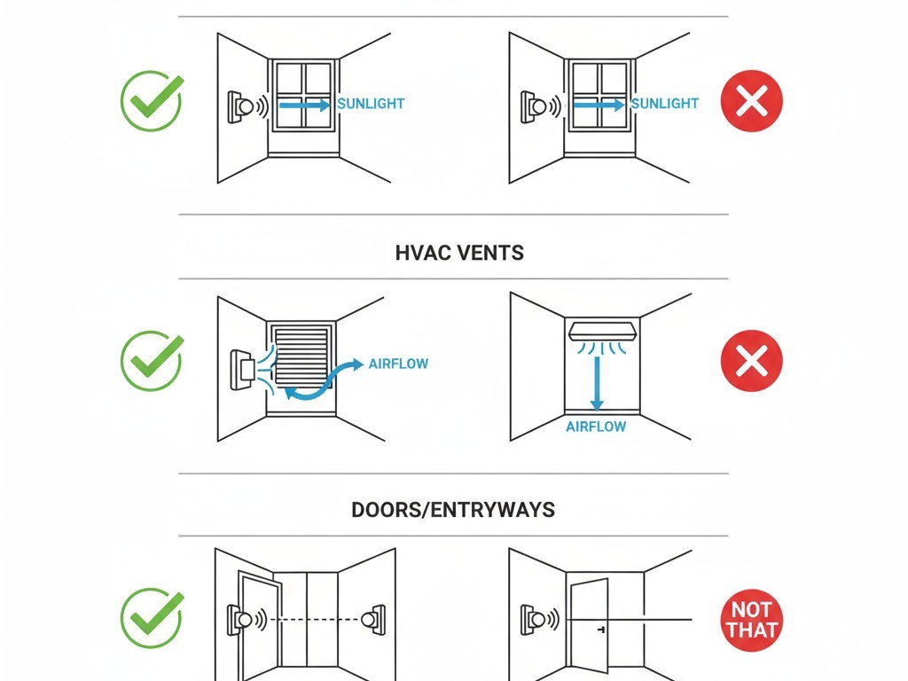Três pequenos diagramas mostrando a colocação correta do sensor de movimento: longe de janelas ensolaradas, não apontado para saídas de ar e perpendicular às portas.