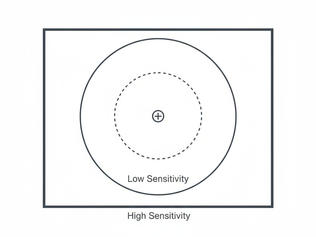 Um diagrama mostrando como baixa sensibilidade cria uma pequena zona de detecção e alta sensibilidade cria uma grande zona de detecção em uma sala.