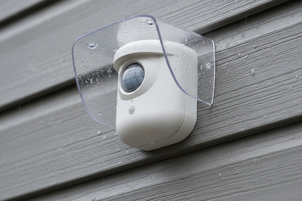 Usando um Escudo para Proteger um Sensor de Movimento Um sensor de movimento em uma parede exterior tem uma pequena capota de plástico montada acima dele para protegê-lo da chuva.