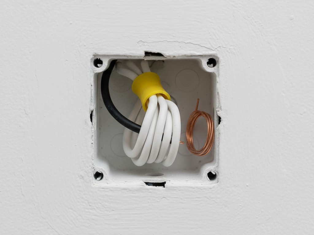 Uma caixa de interruptor elétrica aberta montada na parede, mostrando fios pretos, brancos e de cobre. Um grupo de fios neutros brancos está claramente visível, enclausurado na parte de trás da caixa.
