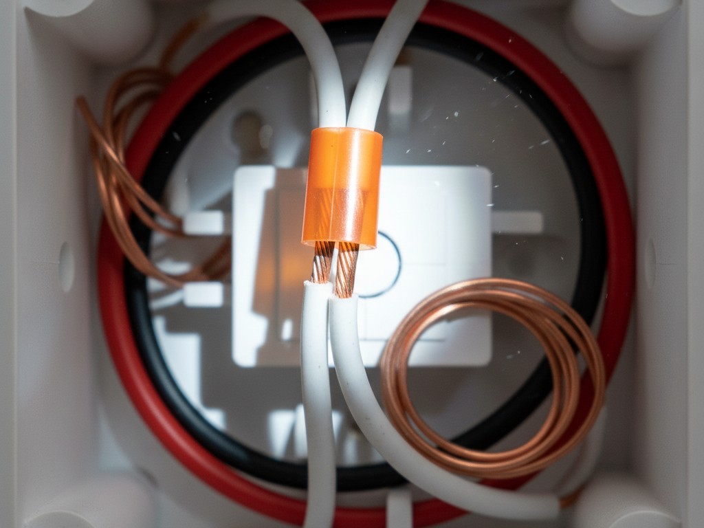 Uma caixa de passagem elétrica aberta mostrando um feixe de cabos brancos isolados unidos por um conector de fios, escondido na parte de trás.