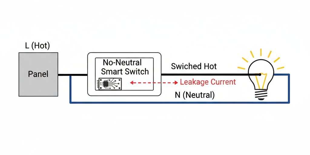 Um diagrama de fiação mostrando o caminho da corrente de fuga que alimenta um interruptor sem neutro ao passar pelo luminária conectado.