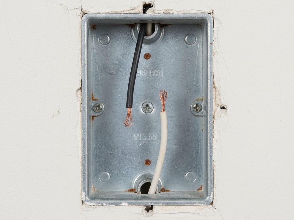 Uma caixa elétrica aberta mostrando um interruptor de luz com apenas dois fios conectados, ilustrando uma configuração de fiação sem neutro em uma casa mais antiga.