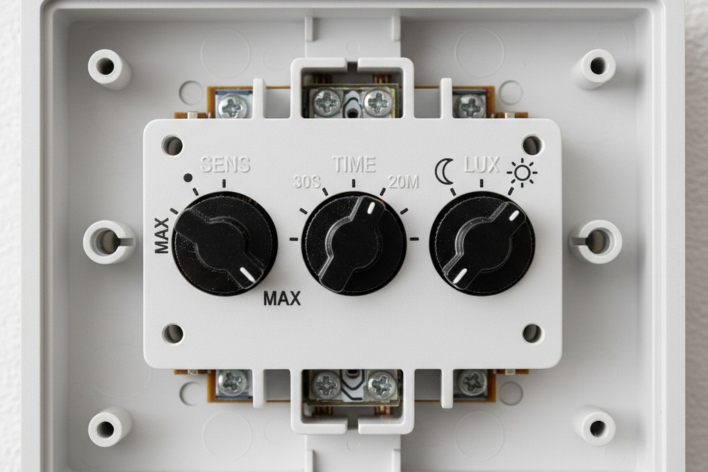 Controles de Ajuste do Sensor de Ocupação Um close-up dos dial de ajuste em um sensor de ocupação montado na parede, rotulados como Tempo, Luz e Sens.