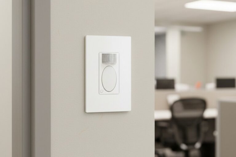 Um interruptor de sensor de movimento de ocupação branco está instalado em uma parede de escritório texturizada de cor neutra ao lado de uma moldura de porta de metal.