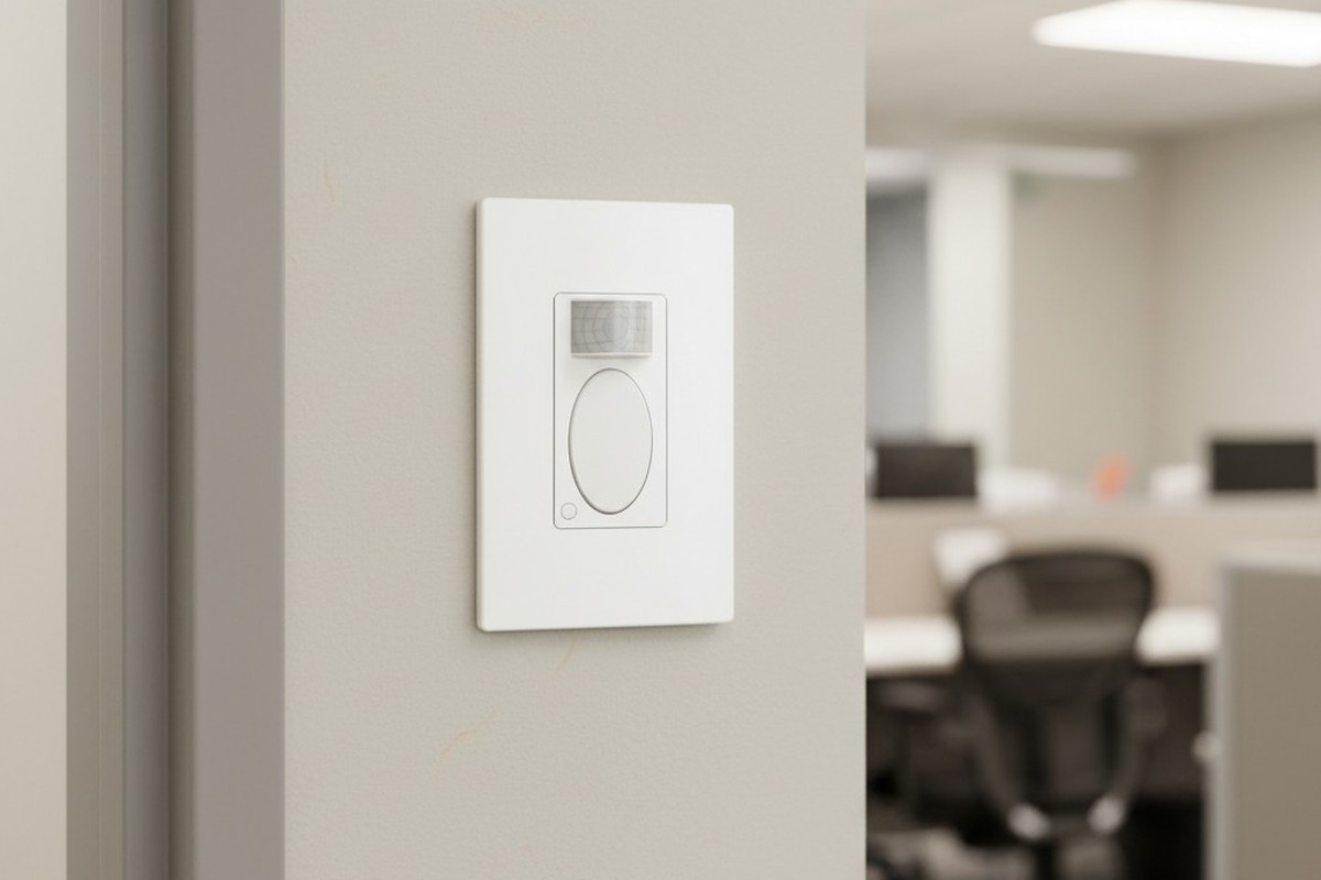 Um interruptor de sensor de movimento de ocupação branco está instalado em uma parede de escritório texturizada de cor neutra ao lado de uma moldura de porta de metal.