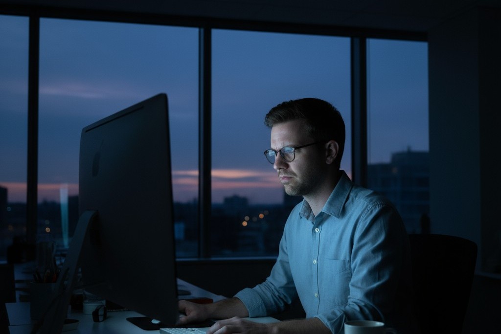 Funcionário de Escritório no Escuro Após Desligar as Luzes Uma pessoa sentada em sua mesa em um escritório moderno, concentrada em seu trabalho, iluminada apenas pelo seu monitor após as luzes de teto terem sido desligadas.