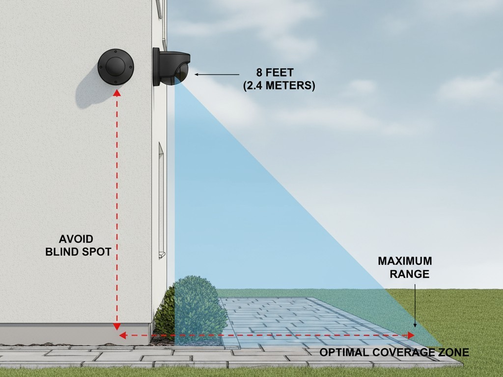 Um diagrama mostrando a colocação correta de um sensor de movimento em uma parede exterior, angulado para baixo, cobrindo efetivamente uma área de pátio.