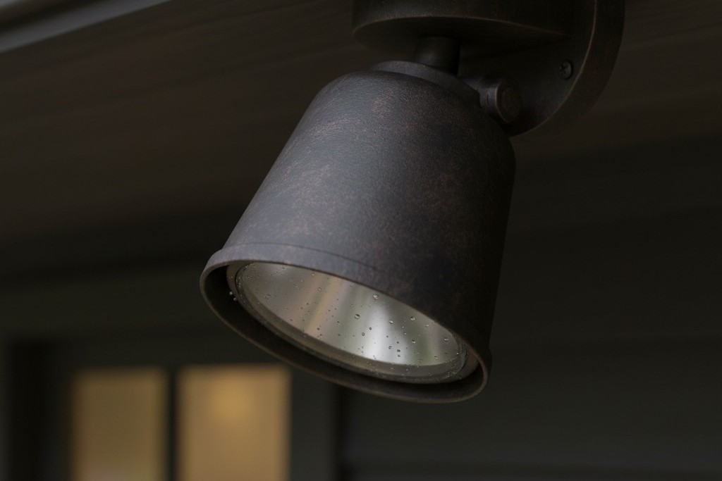 Um close-up de uma luminária de holofote externa de bronze escuro. Um sombrero de metal, ou capuz, estende-se sobre a lente para direcionar a luz para baixo e evitar que ela escape lateralmente.