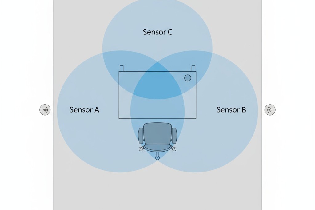 Um diagrama de cima para baixo mostrando como vários sensores de teto criam campos de detecção circulares sobrepostos, garantindo que uma área de mesa esteja sempre coberta.