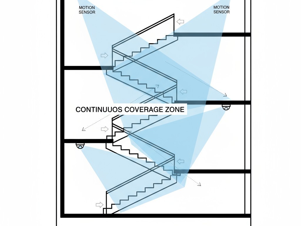 Um diagrama mostrando como posicionar corretamente os sensores de movimento em uma escada de vários andares para criar zonas de detecção sobrepostas para iluminação contínua.