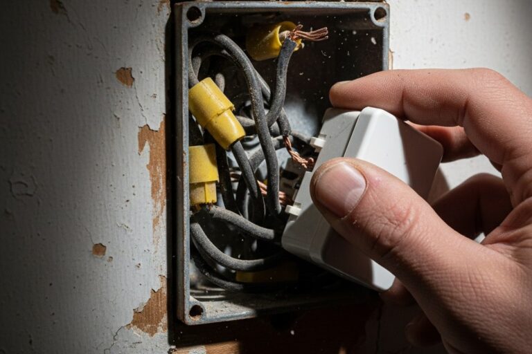 As mãos de um eletricista lutam para empurrar um grande dimmer inteligente branco para dentro de uma caixa elétrica metálica rasa, transbordando com fios rígidos cobertos de pano e conectores volumosos.