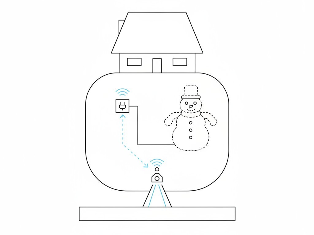 Um diagrama mostrando uma casa com um inflável no gramado e um sensor de movimento colocado longe, no começo do caminho, para detecção precoce.