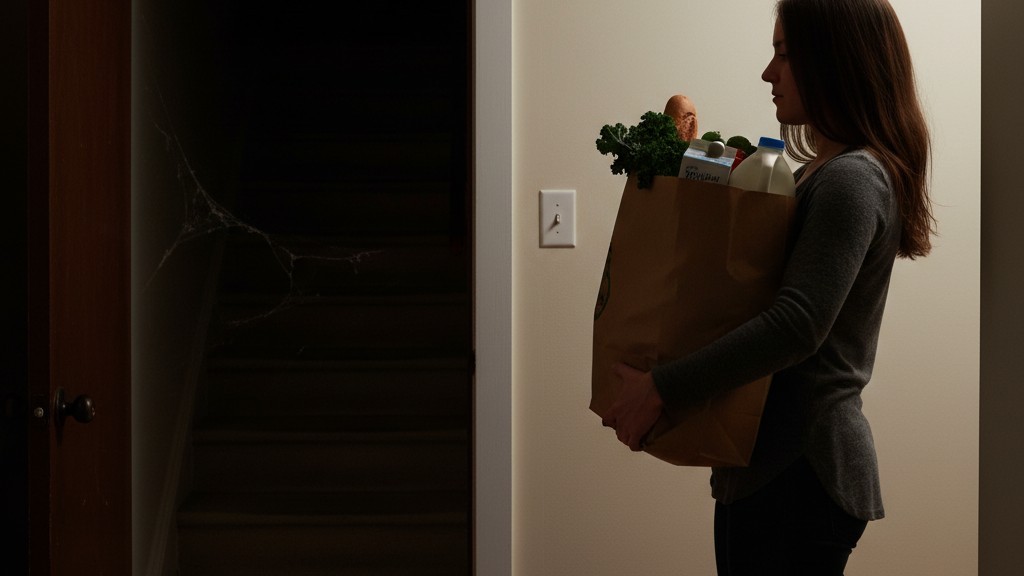 Navegando por Escadas com as Mãos Cheias de Compras Uma pessoa segurando duas grandes sacolas de supermercado de papel está no topo de uma escada escura, incapaz de alcançar o interruptor de luz na parede.
