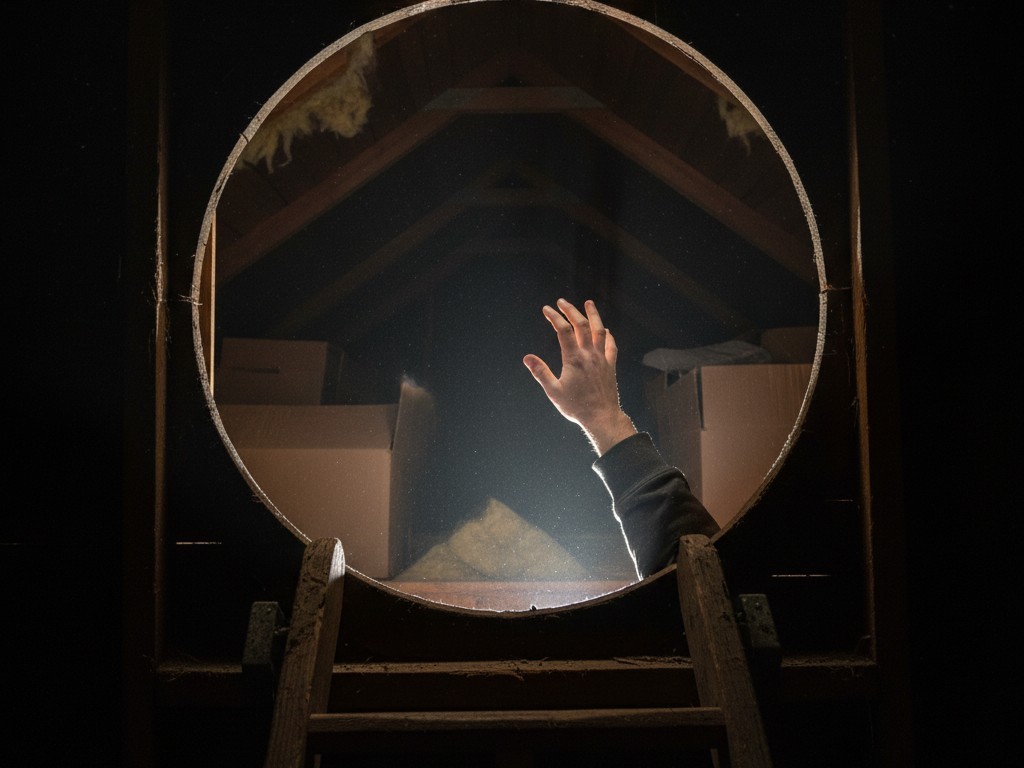 Subir uma escada até um sótão escuro Uma perspectiva em primeira pessoa olhando para cima de uma escada em direção à abertura completamente escura de um sótão, com uma mão alcançando uma corda de puxar.