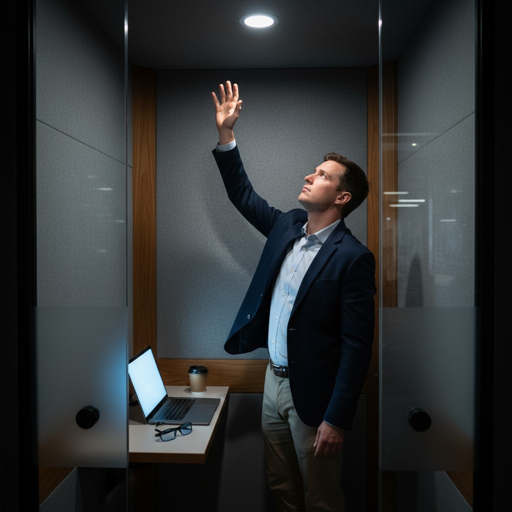 A Frustração de um Sensor de Movimento com Falha Um profissional sentado em uma cabina telefônica escura, acenando com o braço de frustração para ligar as luzes novamente.