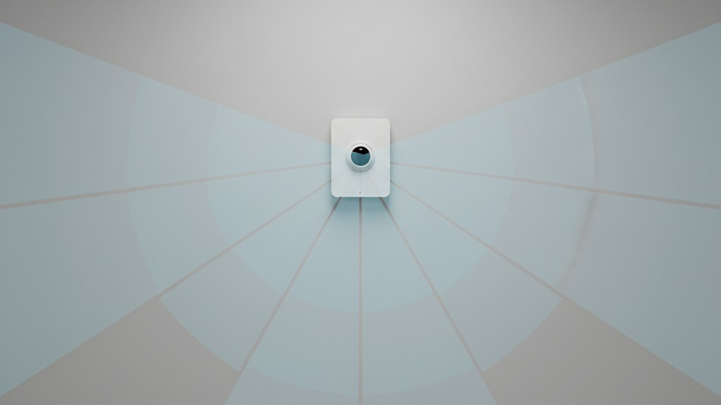 Como um sensor infravermelho passivo (PIR) detecta movimento Um diagrama limpo mostra um sensor de movimento montado na parede emitindo uma grade de feixes cônicos invisíveis para detectar movimento em seu campo de visão.